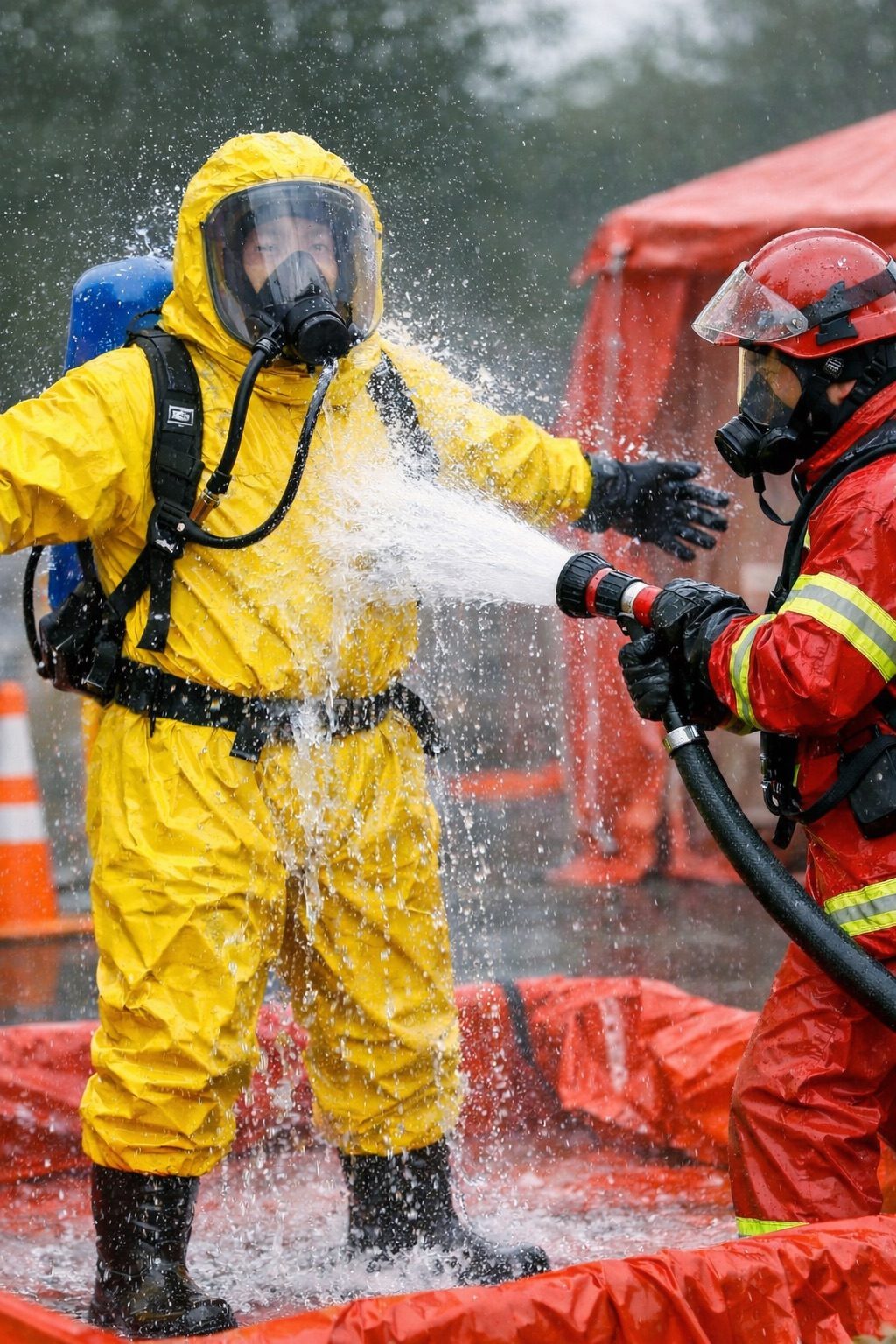 A responder in a yellow chemical suit stepping into the decon pool as a firefighter washes him down.